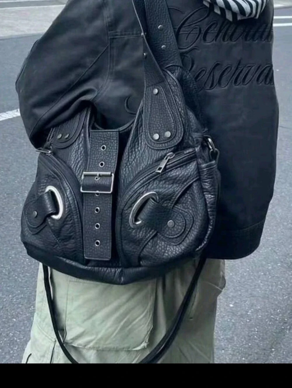 Black Textured Leather Shoulder Bag